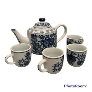 Vintage blue and white teapot and teacups